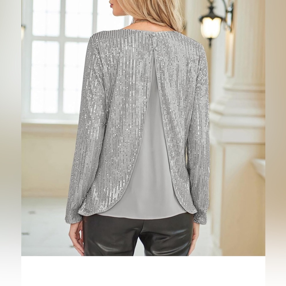 Sparkly Top Glitter Evening Party Shiny Split Mesh Back Long Sleeve Blouses